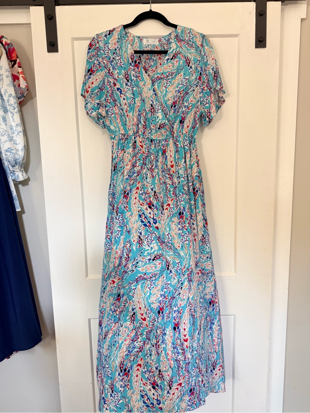 Aqua Floral Maxi Dress with Elastic Waist